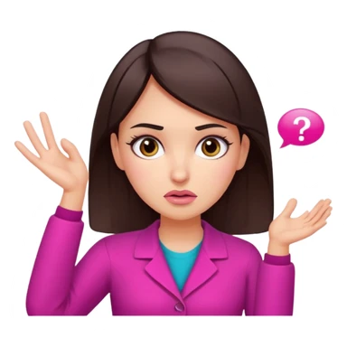Social media manager. She has dark brown hair, brown eyes, , confused expression, raised eyebrows, questioning face, one hand on the head as if not understanding analytics.. Use vibrant colors with a focus on pink and fuchsia tone sticker