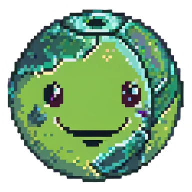 lime green planet with darker green patterns and a cute smiling face sticker