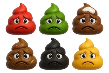emoji stile iphone 3d di una cacca di colore rosso, una cacca di colore verde, una cacca di colore marrone con muco bianco visibile sopra,  una cacca di colore marrone con penne di pasta a pezzetti visibili all'interno di essa,  una cacca di colore nero e una cacca di colore giallo, tutte le cacche hanno un espressione triste, iperrealistiche 4k sticker