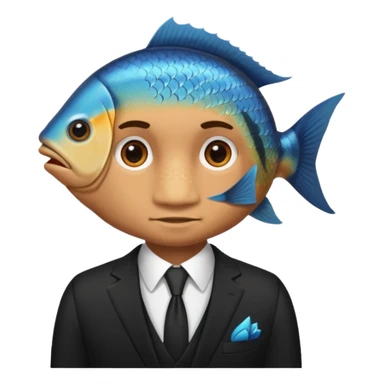 A man wearing nice black suite, and he has a fish head sticker