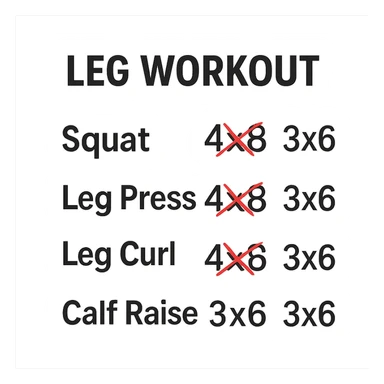 scheda di allenamento gambe con volume di allenamento ridotto (fai alcuni esercizi con 4x8 scritti in precedenza sbarrati in rosso e la correzione accanto tipo 3x6), scrivila al meglio che puoi sticker