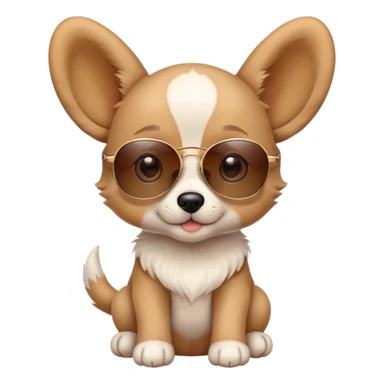 Cute puppy with oversized ears wearing sunglasses and a tiny hat sticker