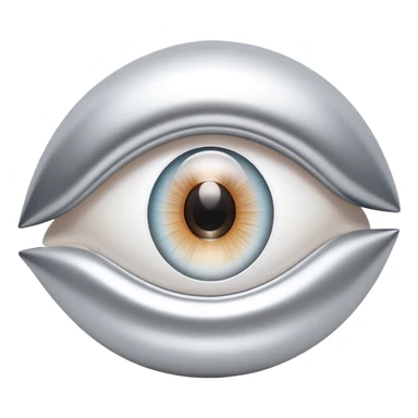 white capital letter O inside almond-shaped gradient eye, silver curved accents on both sides, symbolizing vision and clarity sticker