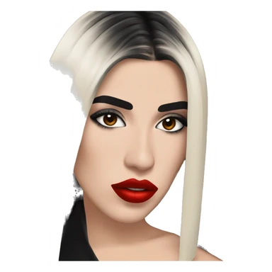 dua lipa with red lipstick, black straight medium long hair, heavy eyeliner sticker