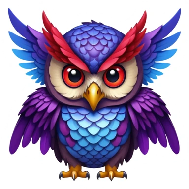 Owl dragon hybrid with wings front facing dark purple and blue and red sticker