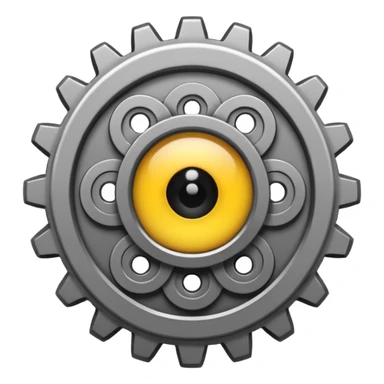 Minimalist emoji-style sticker of a mechanical gear with a realistic eye in the center. Flat graphic icon in grayscale. sticker