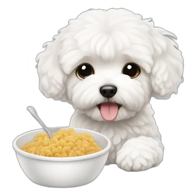 a white maltipoo eating food sticker
