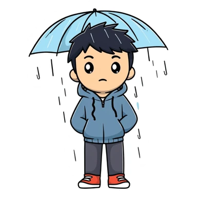 Anime-style teenage boy with dark hair standing in the rain, looking melancholic sticker
