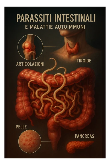 Vertical, realistic, and cinematic illustration in Italian showing intestinal parasites in a very vivid and dramatic way with realistic details and vivid colors. Highlight the affected organs (joints, skin, thyroid, pancreas, intestine) and add captions in Italian linking the parasites to autoimmune diseases. Clinical atmosphere with dramatic lighting and natural depth. Aspect ratio 2:3. sticker