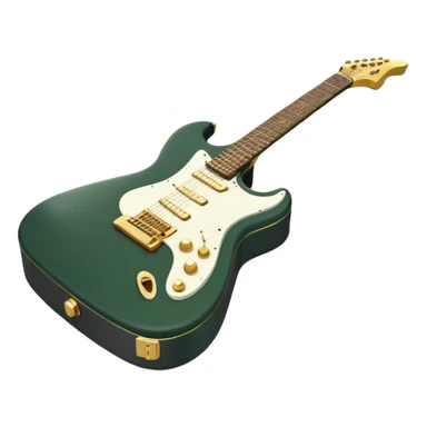 minimalist electric guitar in dark green, closed inside a black rectangular hard case with gold latches, soft matte textures, simplified details, ready-to-play symbol sticker