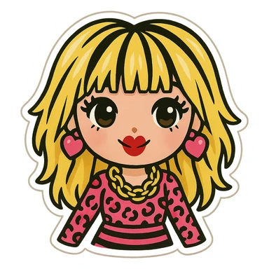 Betsey Johnson style emoji, wearing statement jewelry, bright patterns, fun and chic fashion sticker