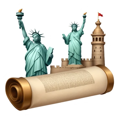 icon featuring an ancient scroll, quill pen with famous historical landmarks and monuments like the Great Wall or the Statue of Liberty in the background. Historical figures are depicted as statues, symbolizing the study of history. Transparent background highlights the legacy of past civilizations. sticker