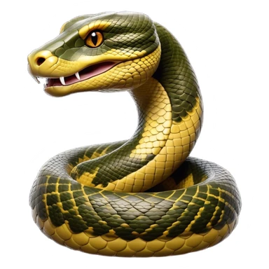 Cinematic Noble Anaconda Portrait Emoji, Poised and imposing, with a massive, sinuous build draped in intricately patterned scales and piercing, focused eyes, Simplified yet sharp and sophisticated features, highly detailed, glowing with a soft, earthy glow, high shine, intelligent and formidable, stylized with an air of primal elegance, focused and mysterious, soft glowing outline, capturing the essence of a watchful jungle guardian that feels as though it could coil out of the screen with effortless authority! sticker