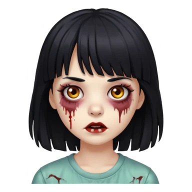Zombie girl, black hair with bangs, slightly wavy, layered haircut,long hair,long eyelashes, black eyes,iOS style sticker