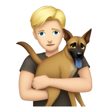 blond boy with blue eyes who hugs his Malinois tightly because he is afraid  sticker