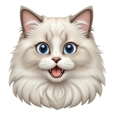 cinematic-adorable-big-eyed-fluffy-ragdoll-cat-portrait-emoji,-head-tilted-playfully-with-a-cute,-yawn,-white and grey fur,-simplified-yet-irresistibly-cute-features, blue eyes sticker