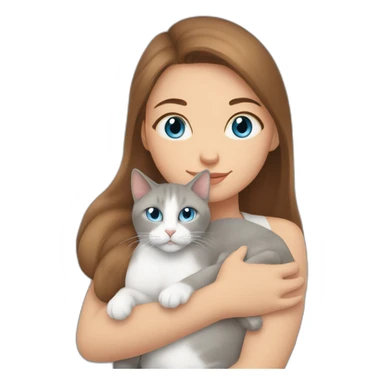 light gray, blue eyed cat cuddles brown highlighted colored girl sticker