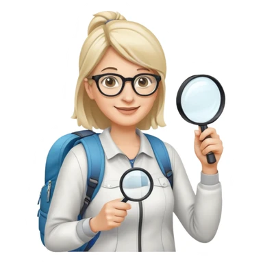 Happy woman in her 40s with glasses, sporty outfit, backpack, holding only one magnifying glass in one hand sticker