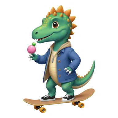 a dinosaur on a skateboard wearing a coat with sneakers in the bottom a cute pokie hairball on the top sticker