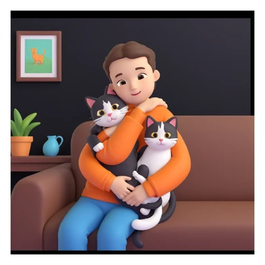 boy and cat pet, living room background sticker