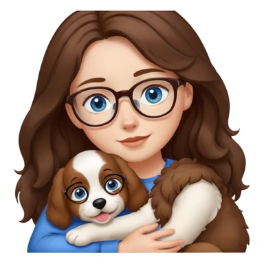 Girl with a white complexion, blue eyes, medium long wavy brown hair, wearing glasses and hugging a dog  sticker