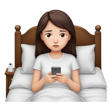 generate a girl brunette using her phone in bed. she looks sad sticker