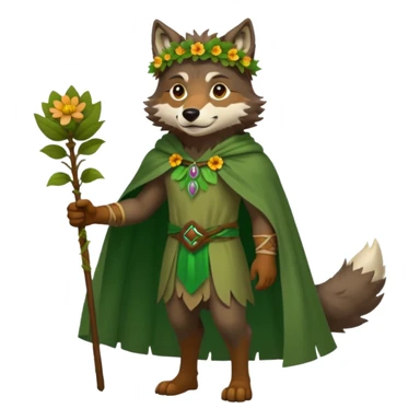 wolf dressed as a druid, flower crown, green cape, full body icon sticker