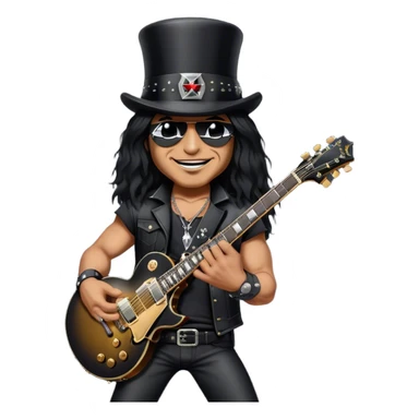 Create a bold and iconic emoji representing Slash with his Gibson guitar. The design should feature Slash wearing his signature black top hat (cylinder) and holding his famous Gibson Les Paul guitar. Make sure to capture his distinctive smudged, smirking expression, with a slightly tanned or smuggled face and large lips. The guitar should be positioned in a rockstar pose, with dark, metallic colors like black and gold to reflect the classic rock aesthetic. The background should be transparent, with a hint of stage lighting to enhance the rock vibe. sticker