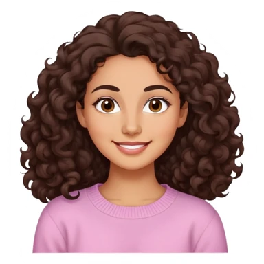 Mujer piel canela, cara ovalada, cejas definidas, pelo súper largo rizado marron oscuro, raya al lado. Sonrisa amplia, expresión suave-alegre. Sweater largo rosado claro. sticker