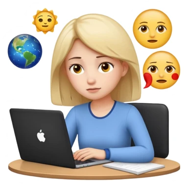 3D emoji style sticker, young woman, white background, slight exam stress, sitting with a laptop, IELTS practice test on the screen showing Overall 5.5, tired but determined expression, notebooks and papers around, soft lighting, minimal details, clean aesthetic, astrology style sticker