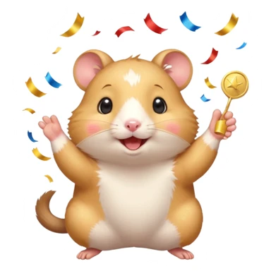 Cute cartoon-style hamster throwing confetti, holding a tiny medal, joyful expression. Painterly shading, white background, sticker-style illustration sticker