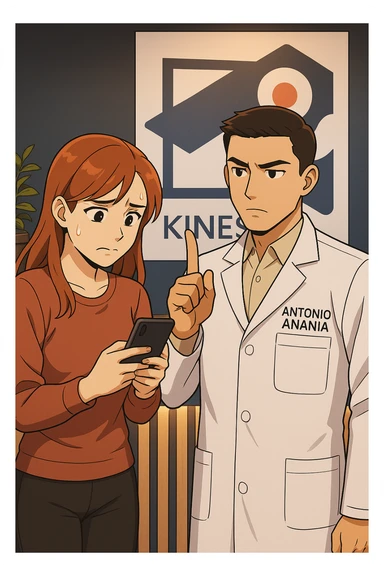 su questo stile fai un manga/webtoon a colori in cui una donna CONTROLLA LO SMARTPHONE MENTRE PARLA CON L'UOMO, l'uomo della foto in stile manga LE DICE DI "NO" CON IL DITO, mantieni un ambiente simile alla foto che ho allegato con il suo logo (sarebbe il suo studio, lui è un kinesiologo), scrivigli "ANTONIO ANANIA" sul camice bianco, non mettere fumetti, ma fai in modo che sembri che la donna CONTROLLI LO SMARTPHONE E L'UOMO CON I GESTI LE FACCIA CAPIRE CHE STA SBAGLIANDO sticker