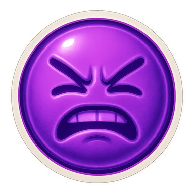 A funny face emote with a neon purple theme, expressing frustration, compact and expressive sticker