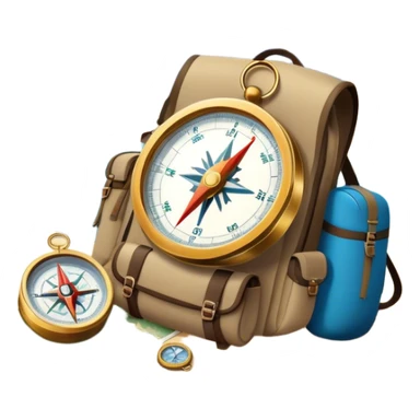 Icon for Expeditions: a compass, a map, and a backpack with trekking gear, set against a backdrop of snowy mountains, sand dunes, and tropical islands. The icon should represent the spirit of adventure and exploration in diverse landscapes. Transparent background. sticker