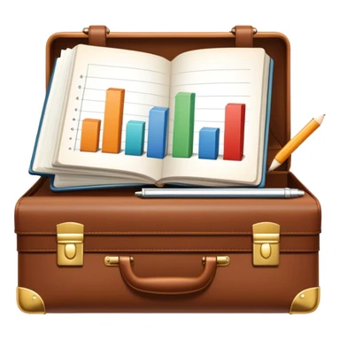 Icon for Business Reading: a prominent book at the forefront, with a briefcase, laptop, and notepad around it, along with a bar graph and symbolizing ideas and growth. The icon should represent the knowledge and strategy of business literature. Transparent background. sticker