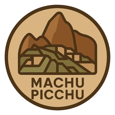 Transform the Machu Picchu logo into a circular badge shape, keeping the stylized mountain silhouette and earthy tones, preserving the transparent background, in a style that emphasizes natural earthy colors and a stylized mountain silhouette. sticker