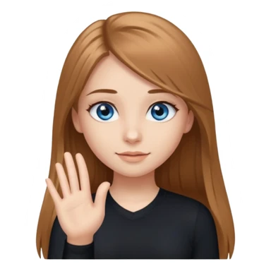 A girly girl with long eyelashes, very long light brown hair, blue eyes, with her palm up. with black undershirt sticker