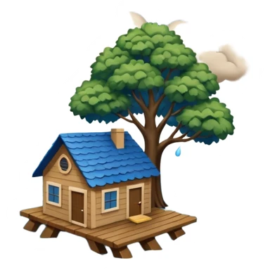 showing a flood disaster scene with powerful blue water waves carrying floating tree branches and wood pieces, small houses partially submerged, dark storm clouds above, heavy rain, realistic yet simple and clean emoji-style design sticker