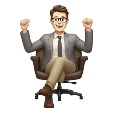 Joyful Celebrating victory Hands up Pale skinned Fit Man With dark brown hair in gray jacket, beige office shirt, Brown pants and vintage glasses sitting In a soft chair sticker
