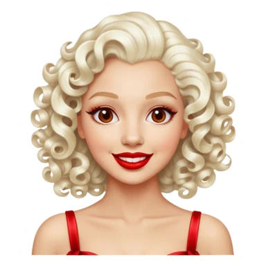 Cinematic Realistic Marilyn Monroe Emoji, featuring a glamorous, high-detail portrayal of the legendary Hollywood star. Her iconic platinum curls, radiant smile, and signature red lips are illuminated by dramatic, vintage-style lighting, evoking the timeless allure of classic cinema. sticker