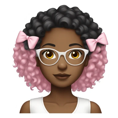 Black girl with black curly hair and a white top, clear glasses, pink hair bow, white hear necklace  sticker