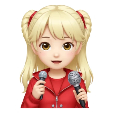 Cute kawaii emoji-style Japanese K-pop singer girl, long platinum blonde hair in twin tails, red outfit, holding a microphone, Japanese K-pop idol vibes, big sparkling eyes, chibi proportions, clean lineart, pastel colors, cheerful idol smile, sticker/emoji style, transparent background sticker