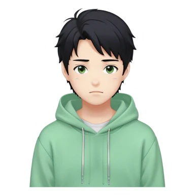 Gorgeous pastel green sweater black hair anime style shojo guy with blushing face and, hoodie, aesthetic, young adult, trending style, outside, vedal987 sticker