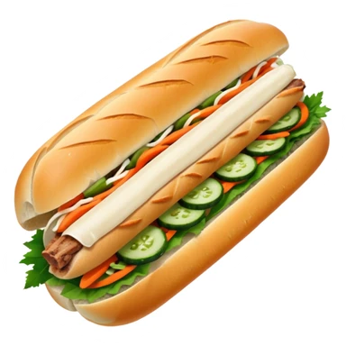 traditional banh mi with char grilled pork


    Very crusty baguette

    Mayo 

    Pickled carrot 

    Cucumber, coriander/cilantro, green onion, chilli 
 sticker