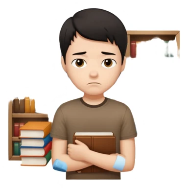 generate a pretty bratz fair skinned boy with short black hair wearing a brown tshirt surrounded by books n looking very sad sticker