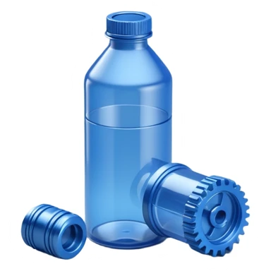"A high-quality 3D isometric icon of a blue translucent PET plastic bottle standing next to a sleek metallic industrial gear. Clean studio lighting, white background, soft shadows, 3D clay render style, minimalist and professional." sticker