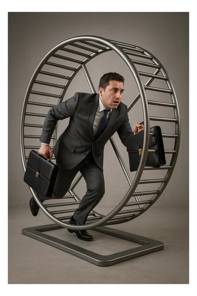 uomo che corre dentro la ruota del criceto come un circolo vizioso immagine realistica sticker