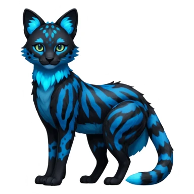 Realistic Obsidian-pitch-black fur body with neon-glowing-blue ring-markings Grem2-Gremz-serval-panther-Sergal-fusion, full body  sticker