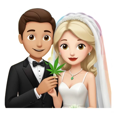 Bride in white dress and groom in tuxedo sharing a cannabis joint, cheerful cartoon wedding couple with vibrant colorful background sticker