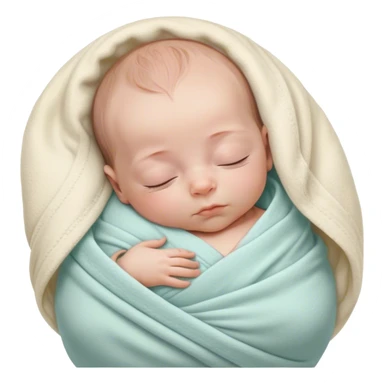 A tiny newborn baby wrapped snugly in a soft, pastel-colored swaddle blanket, peacefully sleeping with a serene expression. The baby’s small hands are tucked close to the chest, surrounded by a cozy, calm atmosphere in a warm nursery sticker